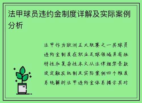 法甲球员违约金制度详解及实际案例分析